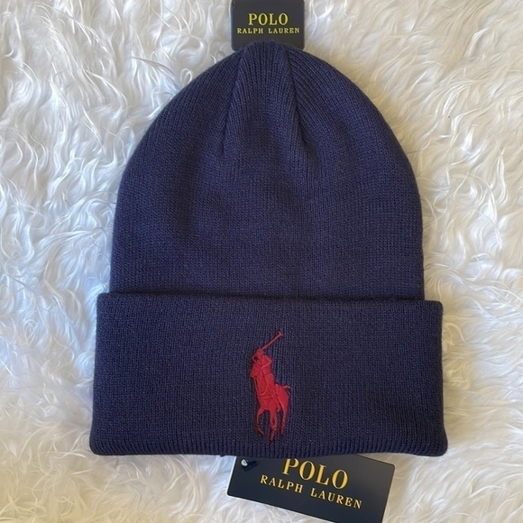 Brand New Polo Ralph Lauren Navy Blue Knit Cuff Beanie Hat Embroidered Big Pony - Picture 9 of 9